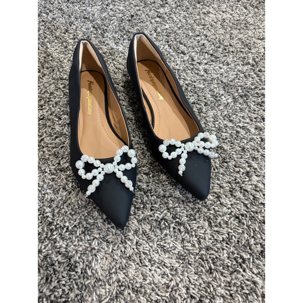 Funky Monkey Black Pointed Toe Flats Pearl Rhinestone Bow Size 6.5 Womens